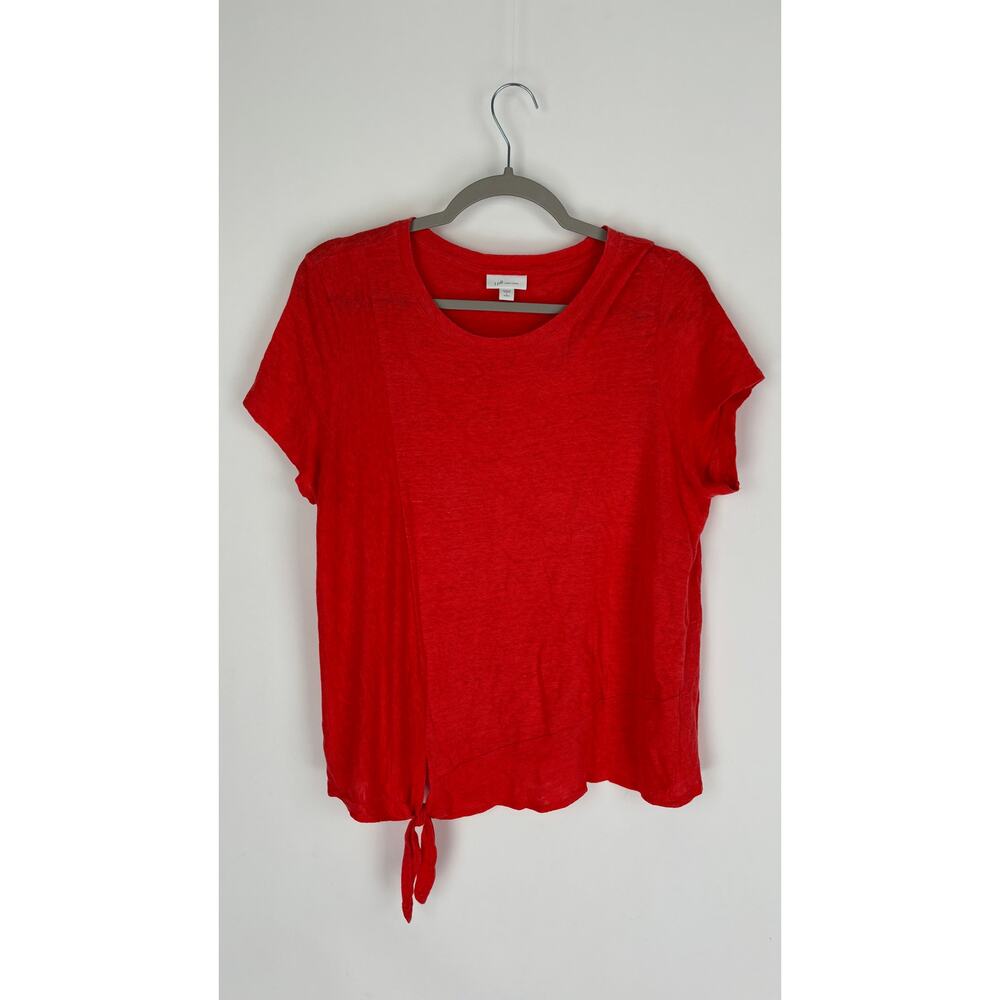 J Jill Love Linen Short Sleeve Shirt Womens Large Petite Red Orange Front Tie - Picture 6 of 10